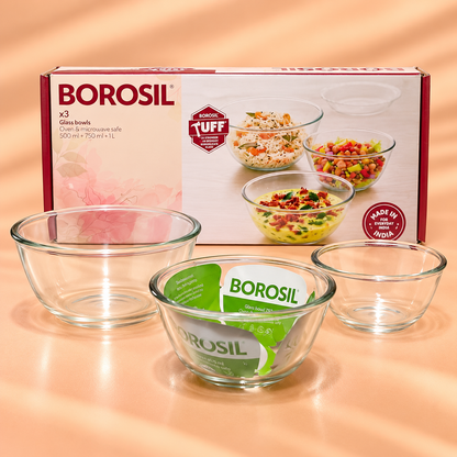 BOROSIL  GLASS BOWLS  X3 (500ML+ 750ML+1 L) ROUND