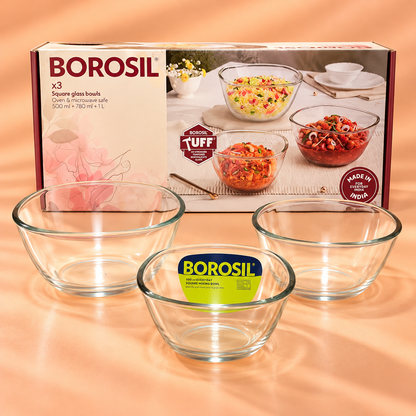 BOROSIL  SQUARE GLASS BOWLS  X3 (500ML+ 780ML+1.1 L)