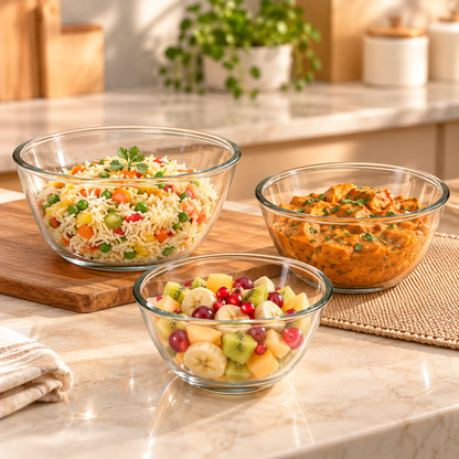 BOROSIL  SQUARE GLASS BOWLS  X3 (500ML+ 780ML+1.1 L)